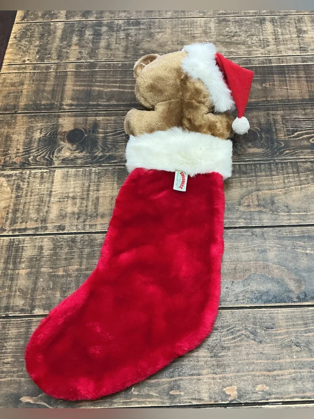 Vintage Teddy Bear Plush Christmas Stocking with Red Nose by Romeris Luvable